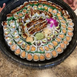 Sweet potato roll, spicy crab roll, chicken tempura roll, shrimp tempura roll, tuna avocado, Philly roll, salmon avocado roll