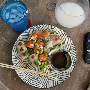 We do take out and sushi is still fresh and on POINT! Yellowtail &amp; Salmon Sashimi. Cherry blossom roll &amp; Arizona roll. So delicious!
