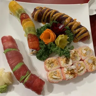Federal Roll (bottom left), Aloha Roll (top left), Pinky Roll (bottom right), Roses Roll (top right, made w/ bluefin)