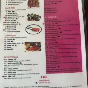 Backside of the menu. Pink is the premium menu!