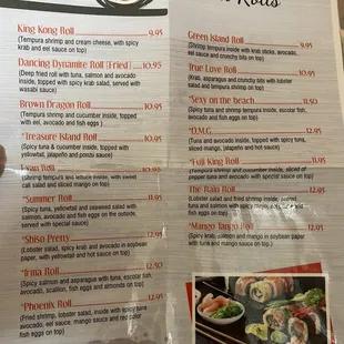 Special rolls menu not included in regular take out menu (but can be used for take out)