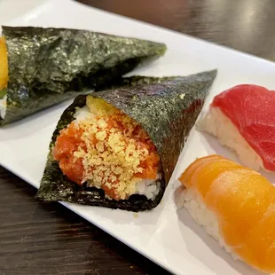 Shrimp Tempura and Spicy Tuna Hand Rolls, and Salmon and Tuna Nigiri