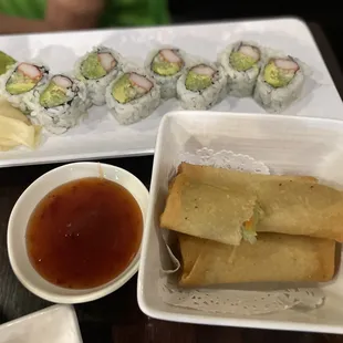 My vegetarian child&apos;s go to: California roll and veggie rolls .