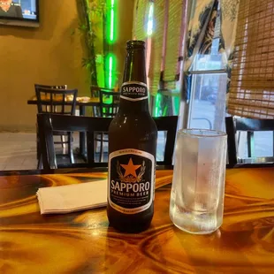 a bottle and a glass on a table