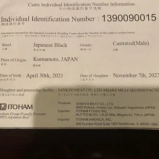 The WAGYU certificate .. a 10 for having a cert.