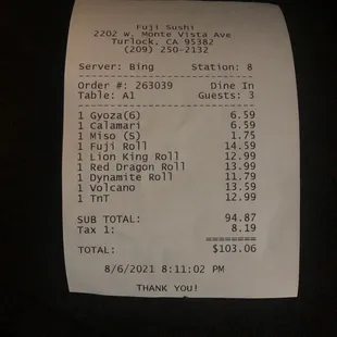 Receipt for food.