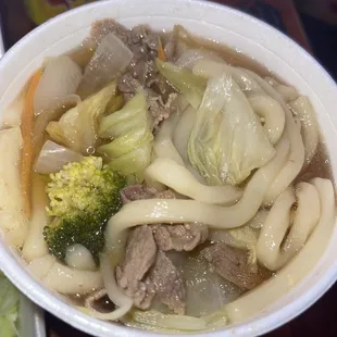 The beef udon soup was good but could have used more meat a bit more but noodles thick and cabbage yummy and broccoli and onions.