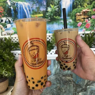 Large Thai Tea with Boba, Viet Coffee with Boba in back (only comes in regular size)