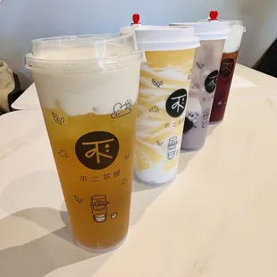 Jasmine Green Tea with Cheese Foam, Mango Smoothie with Cream, taro milk tea