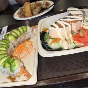 Left pic: Dragon Roll  Right pic: Salmon Avocado Chirashi Bowl  Top pic: Chicken Fried Rice