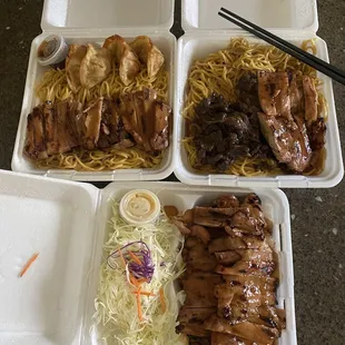 Chicken Teriyaki, Chicken &amp; Gyoza Teriyaki w/ yakisoba &amp; Combination Chicken &amp; Beef teriyaki yakisoba.