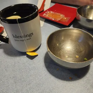 Hot tea with empty soup bowl. Yum
