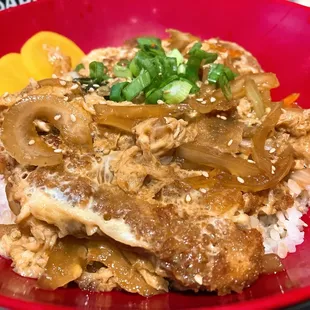 The katsudon was a little salty.  Add one egg to make it milder.