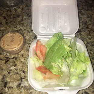 House salad with ginger dressing. I had torn apart the one slice that was in there.