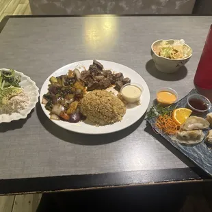 Lunch hibachi, snow crab salad, gyoza