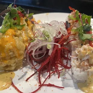 1/2 crunch tuna 1/2 mango madness in soy paper. Add jalapeños  and a cucumber salad