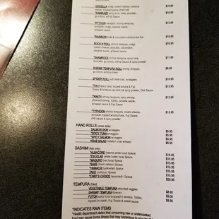 Sushi menu as of 7/9/2018