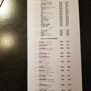 Sushi menu as of 7/9/2018