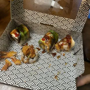 Shrimp tempura roll and green dragon roll (the one with avocado on top) Son was way faster eating them before I could snap a picture