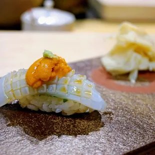 Squid Topped with Uni.