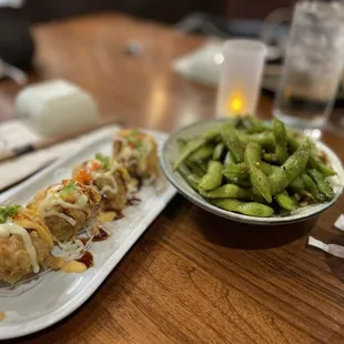 Edamame and stuffed mushrooms