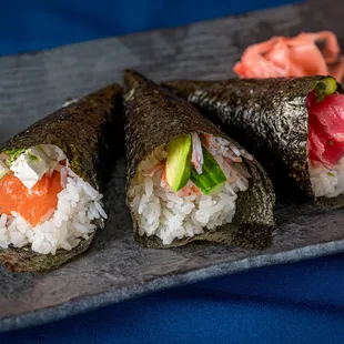 Delicious Temaki!  Pictured: Bagel, California, Tuna