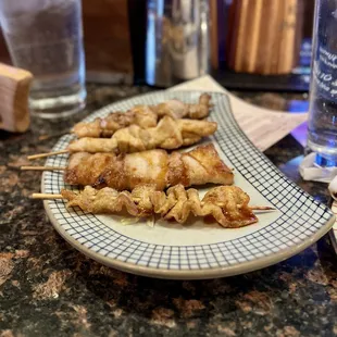 Yakitori- chicken, crispy chicken skin, and pork belly