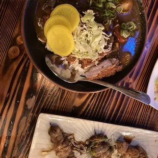 Japanese curry bowl and chicken skewers