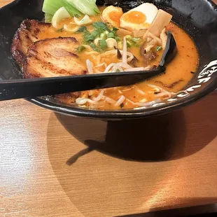 Spicy miso ramen add bok choy keep the red onions