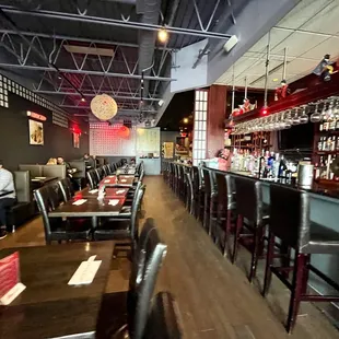 a view of a restaurant with people sitting at the bar