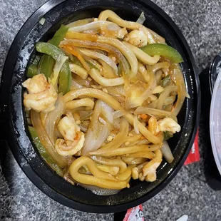 Yaki Udon noodles with shrimp