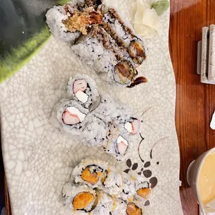 Philadelphia Roll, Shrimp Tempura, Spicy Crunch Salmon roll