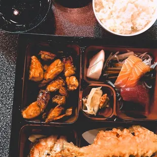 a bento box of food