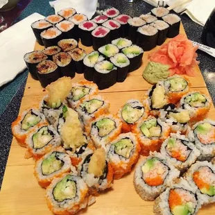 Super yummy array of our favorites. In front are the California and Shrimp Tempura- you can&apos;t go wrong.