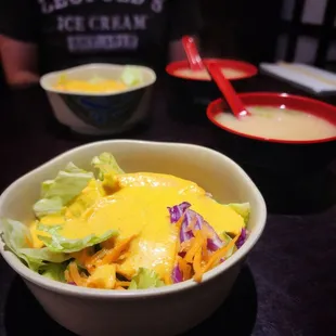 Fresh salad with ginger dressing Miso soup