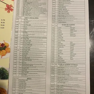 Sushi roll menu