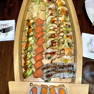 Highlands Ranch roll, spider-man roll, angel roll, black dragon roll, unagi roll, and kamikaze roll