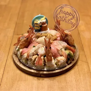 Homemade sushi cake for wife&apos;s birthday.  Thank you to Fujiyama for supplying the sushi to have made this possible!