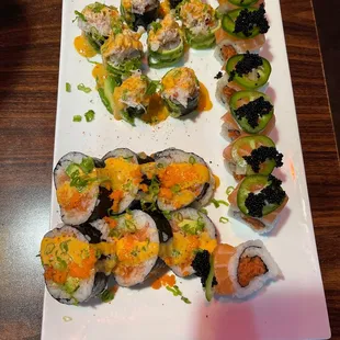 Manthattan (not deep fried), kamikaze roll, three amigos roll