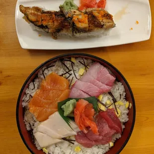 Dragon Roll = unagi (broiled eel), shrimp, avocado sprinkled with tobiko; Chirashi combo