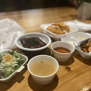 a variety of food items on a table