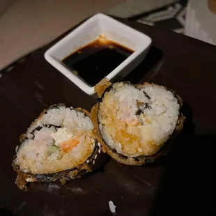 Greasy roll with no fish, imitation crab and a hunk of cream cheese. $18