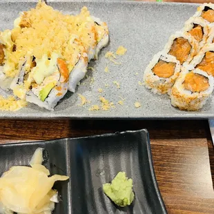 Colossal crunch and spicy salmon with ginger and wasabi