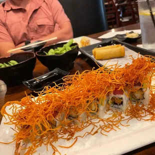 Ghost rider roll, edamame, crispy spring rolls