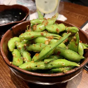 Spicy garlic edamame. Delicious!