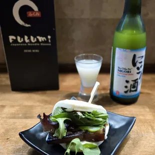 Chashu Bun and Unfiltered Sake