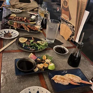 Ebi nigiri, yakitori, Grilled Whole Squid, grilled whelk