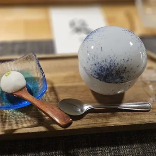 Yuzu sorbet and black sesame pudding