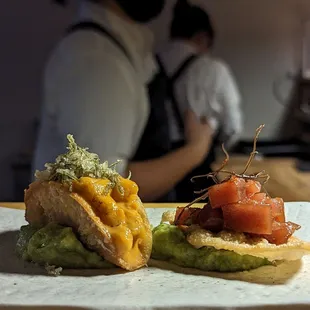 Uni taco and play on ahi poke with guac