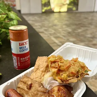 Inari Cone Sushi, Shoyu Chicken, Baked Ahi Belly, Shoyu Hotdog, Potato Hash, Vegetable Tempura